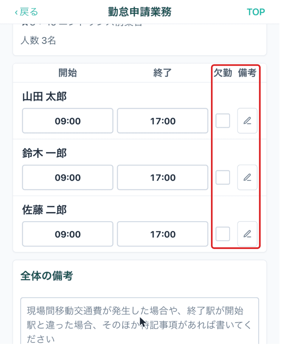 Step2 メンバー入力(赤枠=欠勤のチェックと備考のえんぴつ)